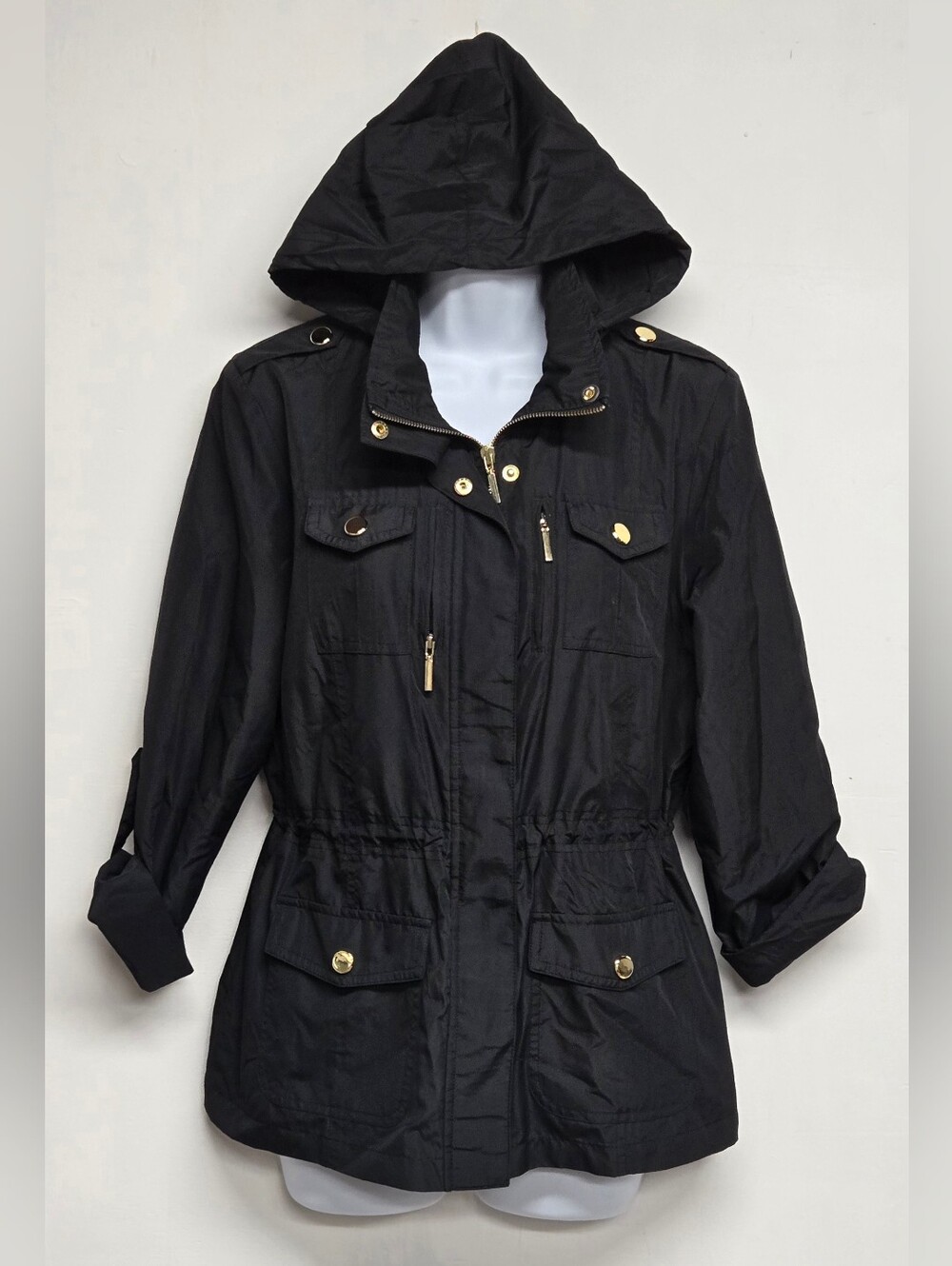 Style & Co Utility Windbreaker Jacket Black Gold Hardware Roll Tab Sleeves PS